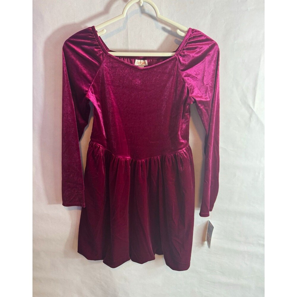 Cat & Jack Girls 10 Burgundy Velvet Fit & Flare Dress Long Sleeve Square Neck